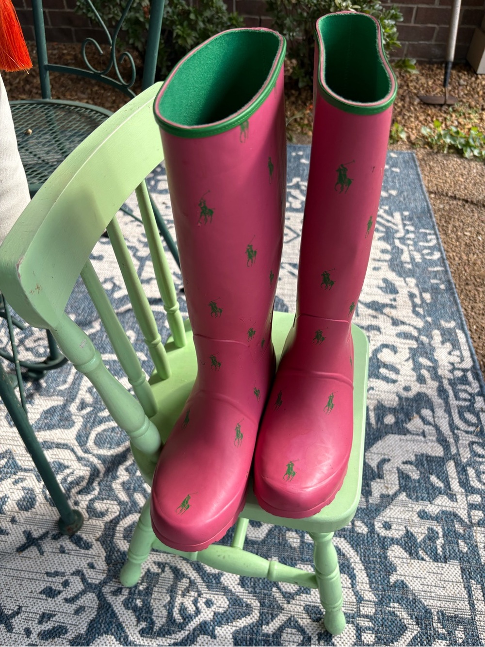 Ralph Lauren Pink Tall Kids Rain Boots with Green Logo size 9B